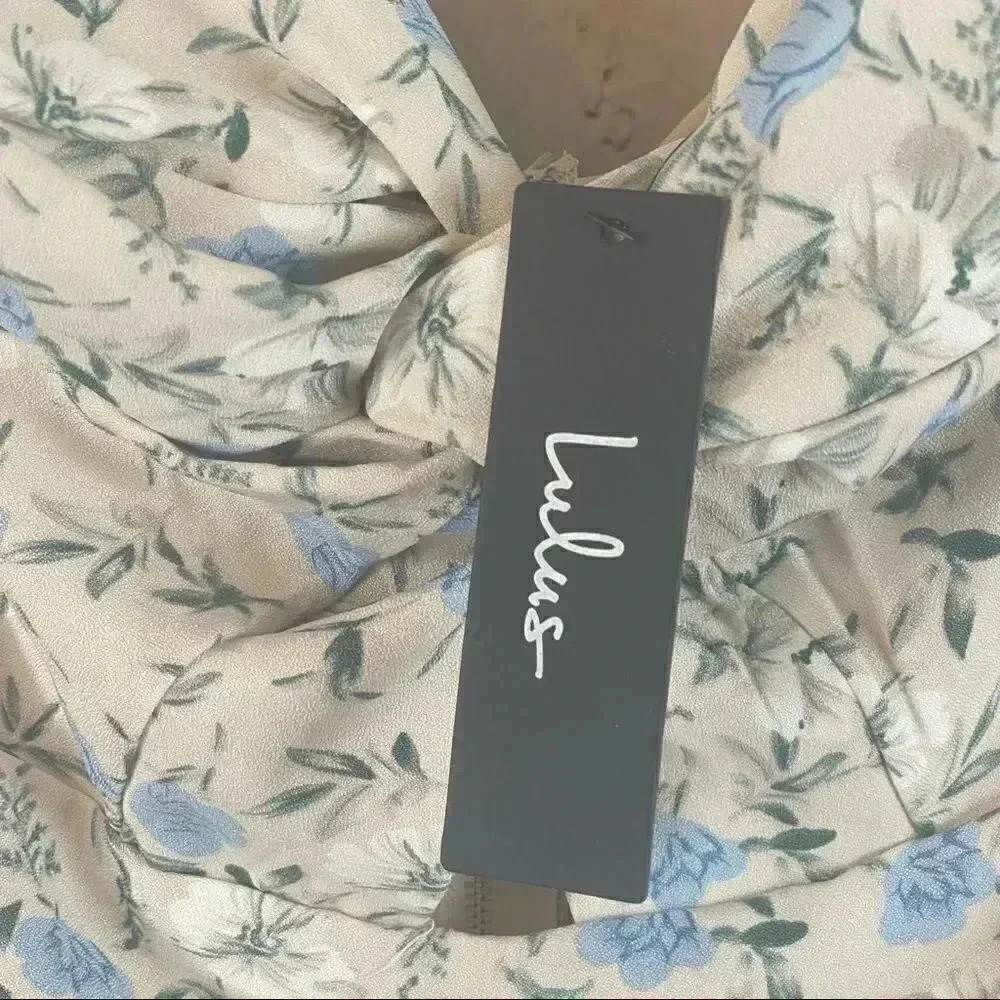 NWT Lulus S Not Just a Crush Taupe Floral Ruched Off the Shoulder Mini Dress Sm - Picture 8 of 16